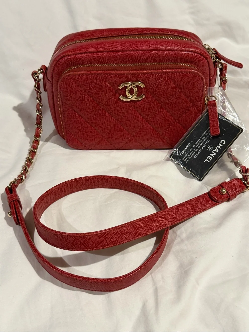 CHANEL Red Quilted Leather Camera Crossbody with Gold Hardware